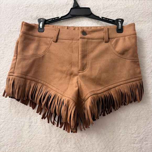 High Waist Tan Fringe Women's Shorts - Picture 2 of 8